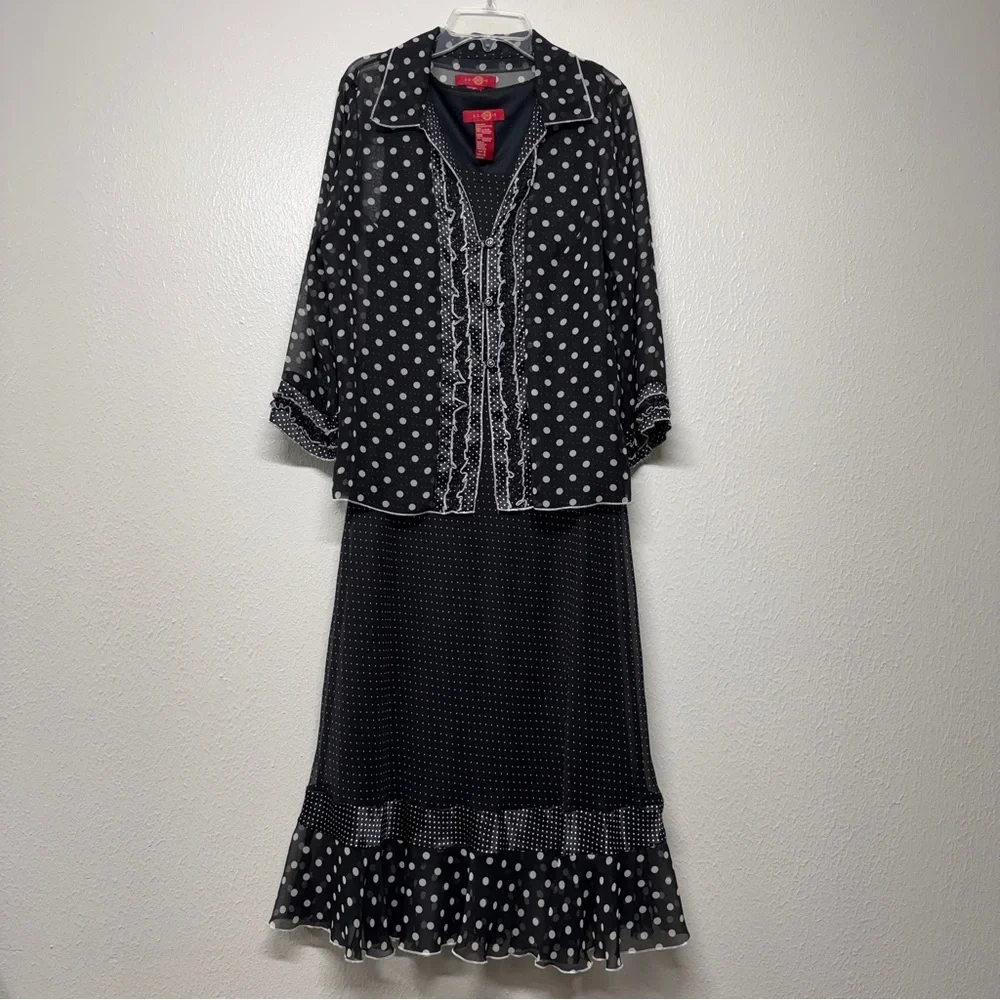 Signature by Sangria Black Dress with White Polka Dot Jacket